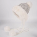 Winter plush trapper hat with deer antlers and white pom-poms in grey knit fabric - Chic Style Plush Hat / White