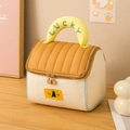 Beauty case in velluto giallo e bianco con ricamo LUCKY e toppa con gatto carino - Marrone