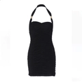 Sexy black halter neck ruched bodycon mini dress with gold metallic hardware accents - S / Black