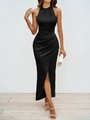 Detail view of black halter neck dress featuring 3D ripple texture and side slit - S / Black