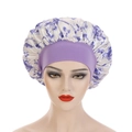 Satin bonnet cap with purple ink floral print and wide elastic band for hair care - One Size / Purple