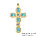 Golden cross necklace with blue rectangular gemstones and size data overlay - Style 63/Gold Blue Baguette Model 2/45.7*26.2*4.1mm