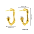 Detail view of gold wave earrings with white pearls and size specs 27mm height and 8g weight - Irregular Ripple with Pearl (22576_4)