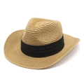 Close-up of fine straw weave texture and black decorative ribbon on Panama hat - M (56-58cm) / Khaki