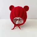 Red baby winter knit hat with bear ears, fleece lining, and ear flaps for warmth - Red Panda - Fleece Lined