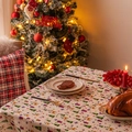 Christmas tablecloth with grilled meat pattern on rustic faux linen background - Happy Holiday