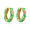Detailed view of 18K gold-plated hoops with green enamel and pink floral patterns - Green