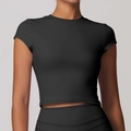Women's black short sleeve cropped yoga t-shirt with high elastic matte sports fabric - S / Deep Blue Grey