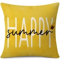 Linen sunflower pillowcase with Happy Summer hand-painted print on a white background - 45x45cm Pillow Cover / Yellow Happy Summer Sunflower-3 (24ym1108-3)