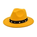 Detailed macro view of yellow wool fedora hat featuring black ribbon with pearl accents - M(56-58cm) / Yellow
