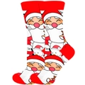 Vue détaillée de chaussettes de Noël rouges et blanches avec motifs Père Noël et renne - Père Noël Entier