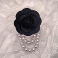 Elegant black camellia flower brooch with dual white pearl chain tassels for women - With Pearl Tassel / Black