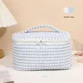Blue and white checkered plush makeup bag with top handle and dual zipper closure - Blue/Square Handle/X-158-3