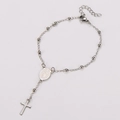 Detail of silver stainless steel rosary bracelet featuring cross and holy icon medallion - Steel