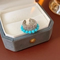 Detailed view of vintage silver ear cuff with turquoise beads in a velvet gift box - Hollow Out Beaded Style / Silver-Blue (Ear Bone Clip)