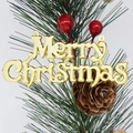 Golden Merry Christmas sign with pine cones and red berries for tree decoration - 39cm Gold