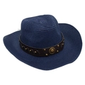 Detail of navy straw cowboy hat with brown leather band and metallic bronze studs - Navy Blue