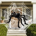 Giant black plush spider with red eyes on large white web for Halloween decoration - 2.5m White Round Web + 90CM Spider + 20G Cotton + 20 Little Spiders