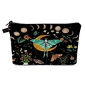 Detailed view of black canvas makeup bag with moon, moth, and floral pattern and metal zipper - Moth and Moon