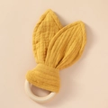 Ginger muslin rabbit ear teething toy with a natural beech wood ring for babies - Yellow