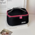 Borsa cosmetica in rete nera con cerniera rosa vibrante e manico superiore - Borsa da Trucco Quadrata (Borsa da Trucco in Rete Estiva) / Nero