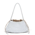 White woven leather handbag with brown drawstring lining and wide strap design - Pearl White