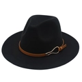 Chapeau fedora classique en feutre de laine noir avec ceinture en cuir et boucle - Noir