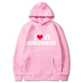 Pink hoodie featuring I Love My Girlfriend print with a red heart on the chest - S / I Love My Girlfriend (Top) / Pink
