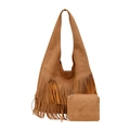 Sac hobo marron en daim synthétique avec franges longues et petite pochette - Marron Jaune