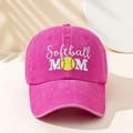 Pink washed cotton baseball cap with Softball MOM embroidery and softball graphic - One Size / Rose Red