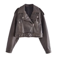 Women's vintage brown faux leather biker jacket with silver zippers and waist belt - XS / Army Green