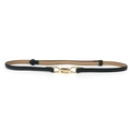 Elegant skinny black leather waist belt featuring a polished interlocking gold metal buckle - Black