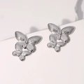 Pendientes vintage de acero inoxidable con doble mariposa pulida y textura detallada - Color Acero