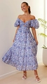 Detail view of the cut-out waist and blue-purple floral print on this puff sleeve maxi dress - S / Purple Floral