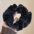 Oversized black velvet scrunchie with elegant grey-white striped edges hair accessory - Black Velvet Binding Double Layer Scrunchie