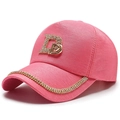 Pink baseball cap with rhinestone letter D and sparkling gold crystal chain on the brim - Adjustable / Rose Red
