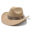 Classic camel felt western cowboy hat with ethnic style bull head buckle and metal studs - M (56-59cm) / Camel