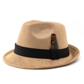 Cappello Fedora classico in camoscio color cammello con nastro nero e dettaglio piuma - M (56-58cm) / Scamosciato Cammello