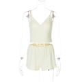 Detail of butter yellow two-piece sleepwear set with V-neck camisole and bow shorts - Light Yellow / S