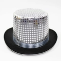 Stage performance silver sequin top hat with black brim and grey satin decorative band - Sequin Silver / Size L - Hat Circumference 58cm - Hat Height 13cm