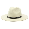 Detail of light beige straw fedora with black leather rivet band and metal buckle - Cream