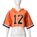 Detail of orange mesh hooded crop top with number 12 print and drop shoulder sleeves - S / Orange