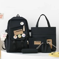 Black nylon 5-piece school bag set including backpack and tote with bear keychain - Black