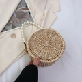 Handgewebte Rattan-Zylindertasche mit Perlen Griff in Naturbeige, Sommerstil - Stil 1 (Zylindrisch mit Perlengriff)