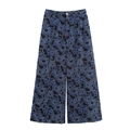 Elegante Retro-Hose mit hoher Taille, geradem Bein und blauer Blumenstickerei auf Weiß - XS / Dunkelblau
