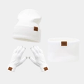 Winter knit set featuring a DAD leather patch on hat, neck warmer, and touch gloves - DAD White