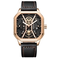 Luminous gold square quartz watch with black hollow dial and premium leather strap - 9228 Gold Case Black Dial Leather Strap