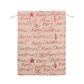 Linen Christmas drawstring gift bag with red glitter Merry Christmas text and stars - Red Gold Lettering