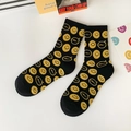 Black crew socks with yellow smile print and SMILE text in a playful patterns - One Size / Black Yellow Smile