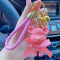 Pink knit-texture bear keychain with woven strap and golden bell accessory - Full Set (With Woven Rope + Bell) / Pink
